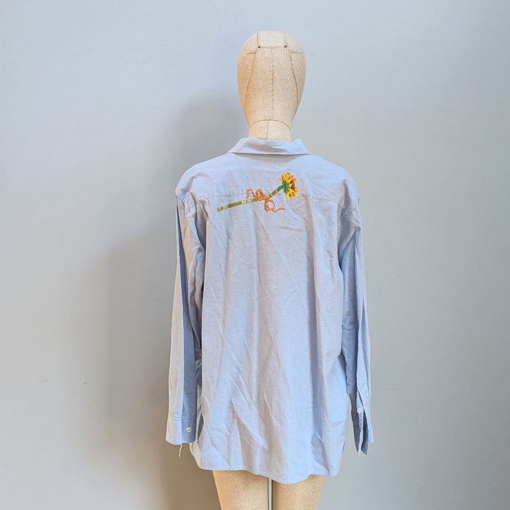 Quacker Factory Sunflower Button Down Denim Shirt - 1X - Picture 2 of 7